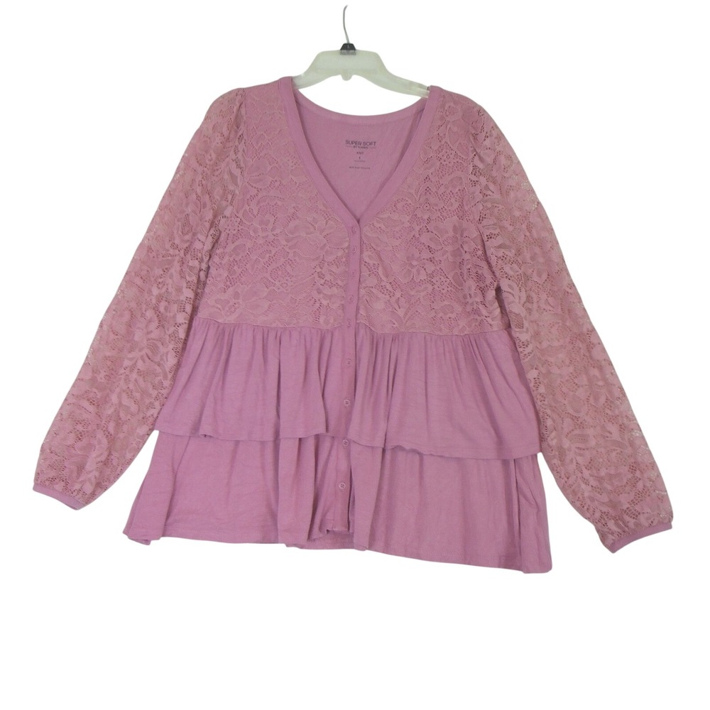 Torrid Super Soft Pink Lace Tiered Ruffle Long Sleeve Knit‎ Top Plus Size 1